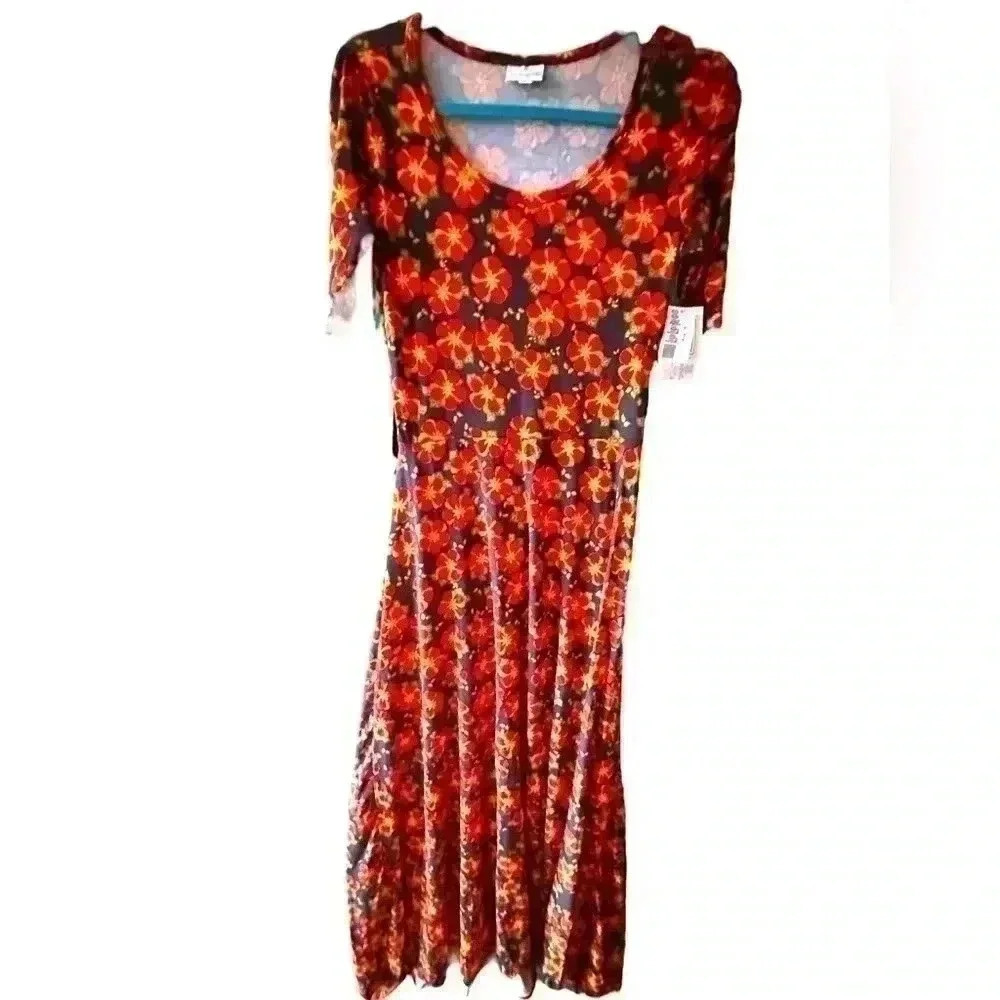 Lularoe Small black floral ANa maxi dress with red bougainvillea. NWT.